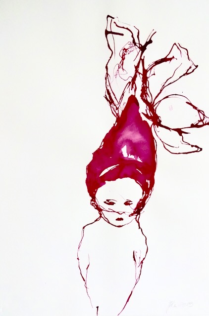 Kind mit Faltern, Tusche auf Papier, 100 x 70 cm, 2018